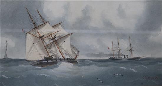 C.H. Lewis, watercolour, French sailing ship and steamer off the coast, signed 16 x 31cm.